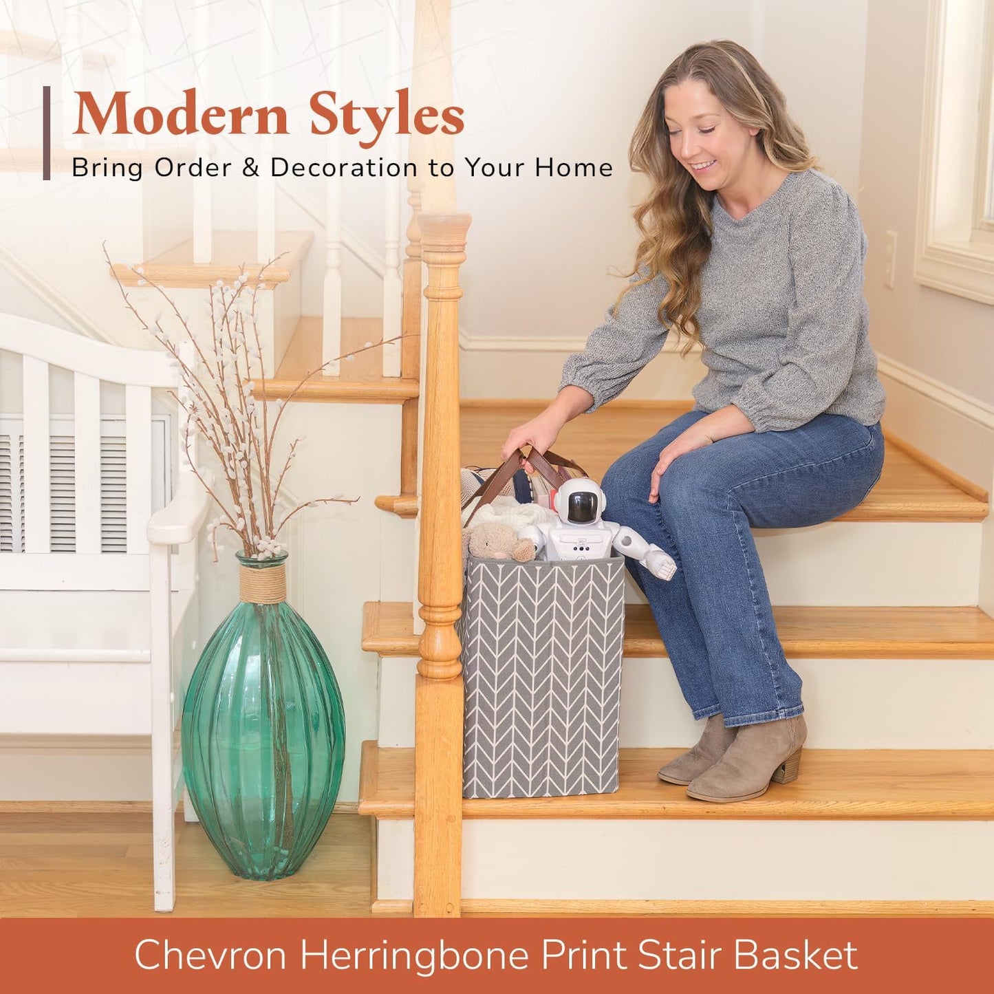 Neobirdie Chevron Pattern Stair Basket with Leather Handles - Grey