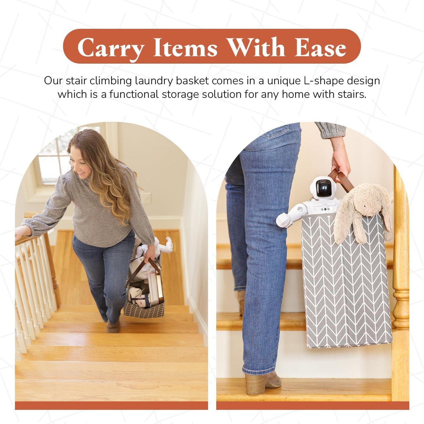 Neobirdie Chevron Pattern Stair Basket with Leather Handles - Grey