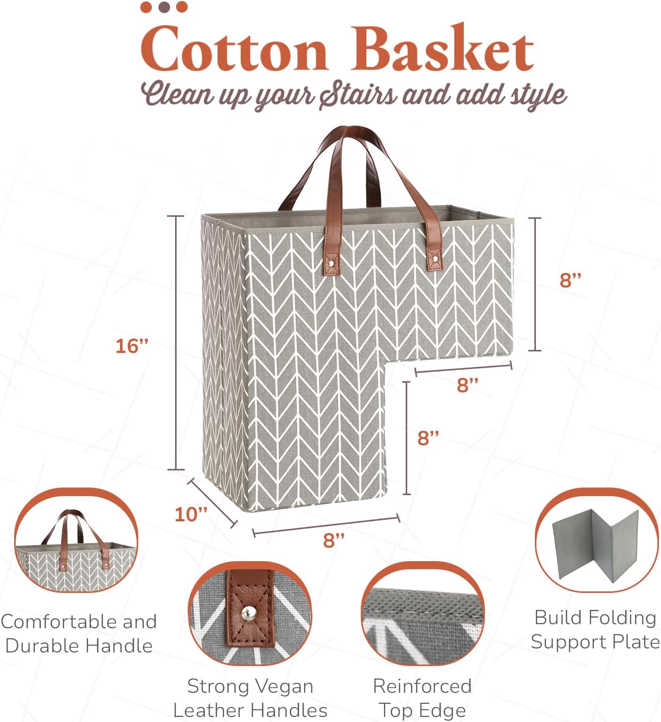 Neobirdie Chevron Pattern Stair Basket with Leather Handles - Grey