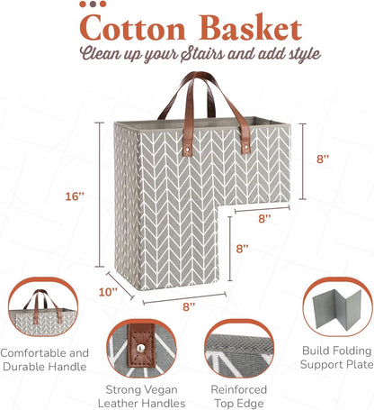Neobirdie Chevron Pattern Stair Basket with Leather Handles - Grey
