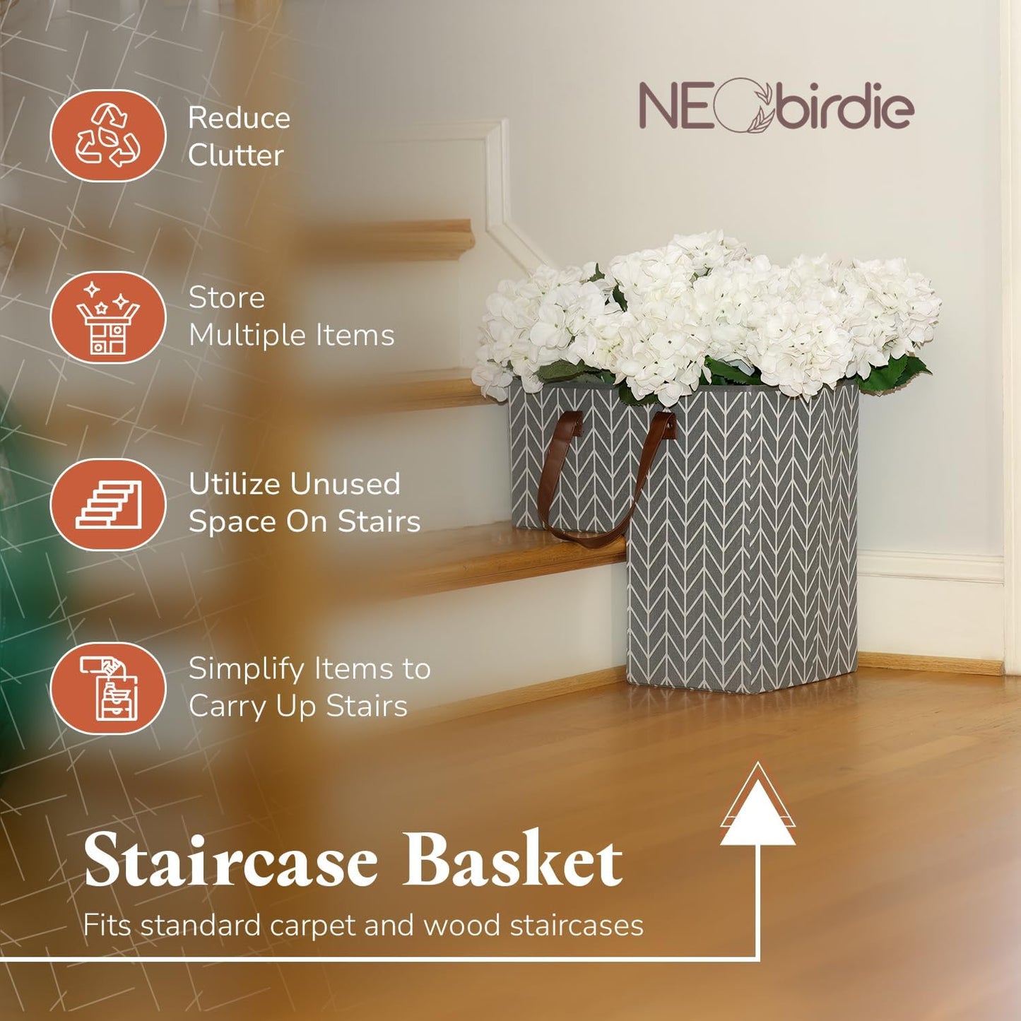 Neobirdie Chevron Pattern Stair Basket with Leather Handles - Grey